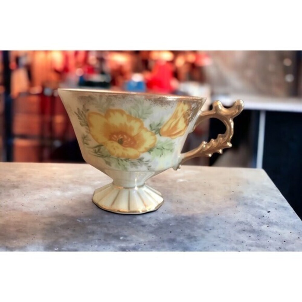 August Poppy Footed Tea Cup Iridescent Finish with Gold‎ Trim